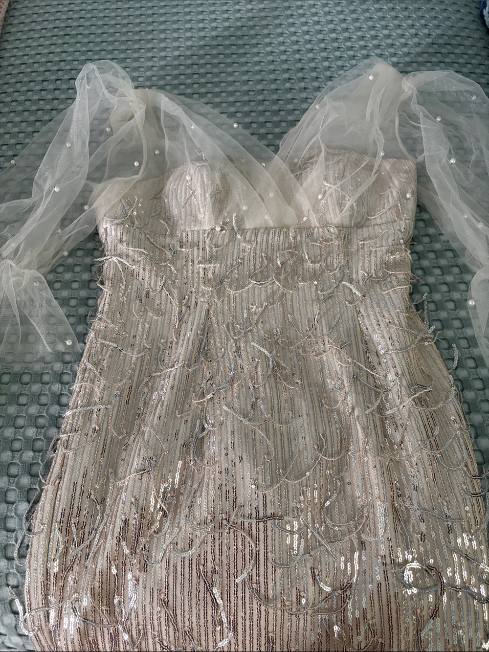 Maxi Beaded Sequined Strapless Cocktail Dress in Champagne